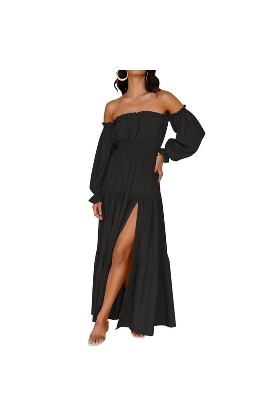 Women's Boho Off Shoulder Dress Spring Summer Side Split Flowy A Line Long Maxi Dresses M