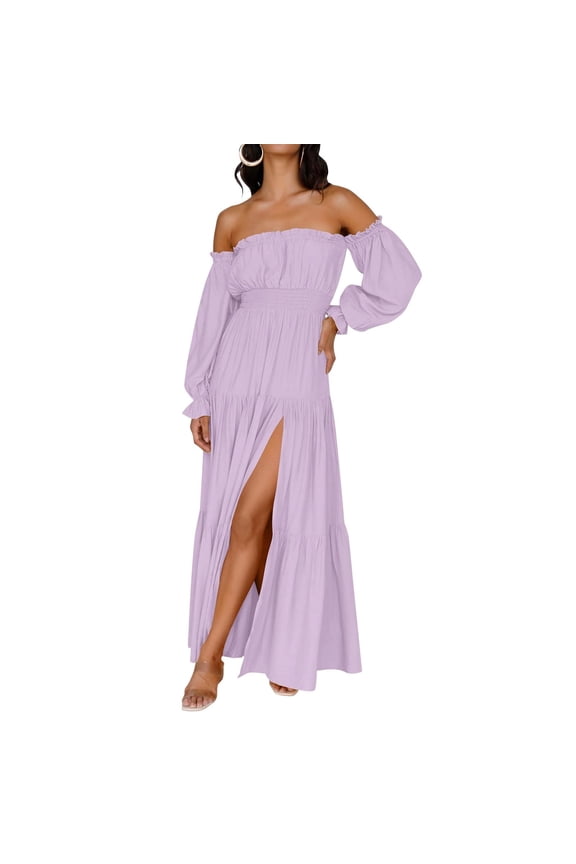 Women's Boho Off Shoulder Dress Spring Summer Side Split Flowy A Line Long Maxi Dresses M