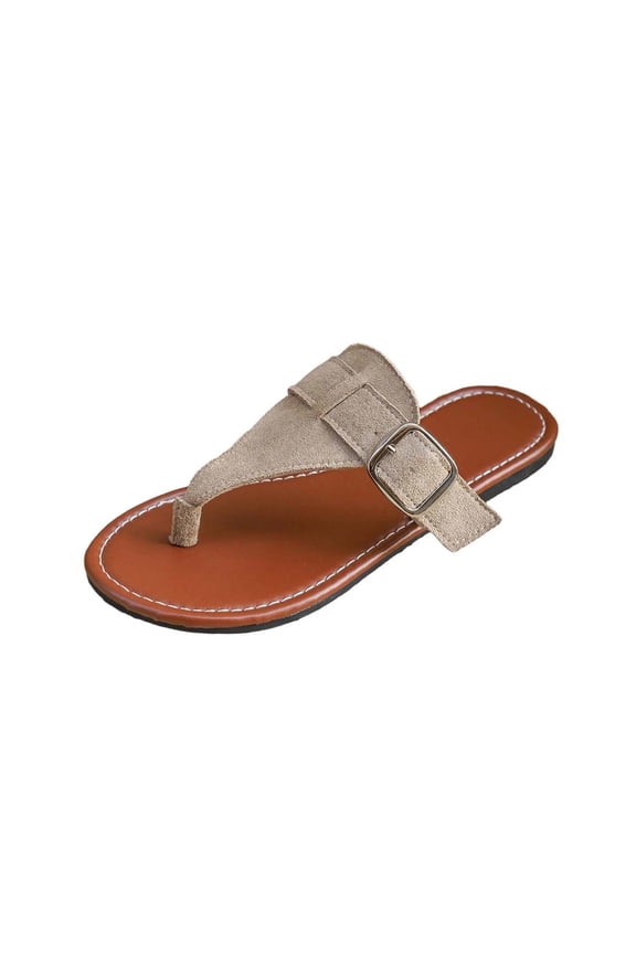 Women's Boho Open Thong Flat Sandals Buckle Cut Out Suede Dressy Slide Sandals Beach Holiday Resort Flats