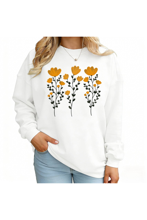 Women's Boho Orange Floral Sprig Minimalist Breathable Crewneck Sweatshirt Round-neck long-sleeved White S-3XL