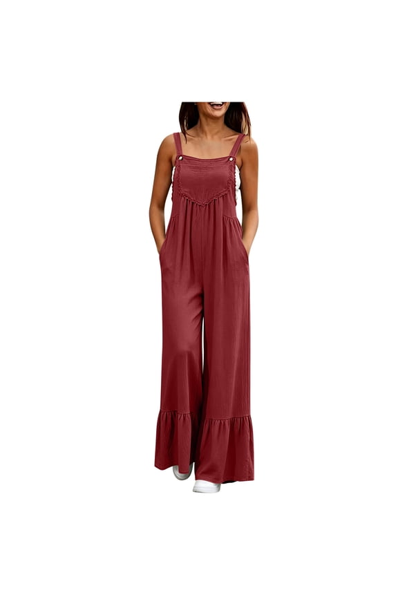 Women's Boho Overalls Adjustable Strap Loose Romper with Pockets Ruffle Flare Hem Wide Leg Jumpsuits One Piece Casual Vacation Outfit Red