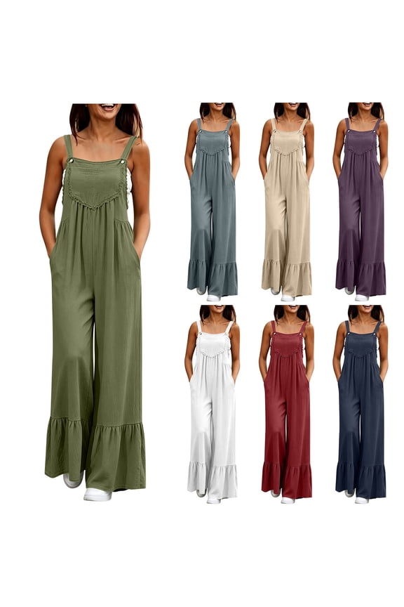 Women's Boho Overalls Adjustable Strap Loose Romper with Pockets Ruffle Flare Hem Wide Leg Jumpsuits One Piece Casual Vacation Outfit White
