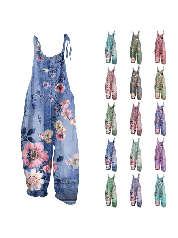 Women's Boho Overalls Casual Loose Bib Jumpsuits Adjustable Strap Rompers Trendy Outdoor Streetwear Outfits Blue XL