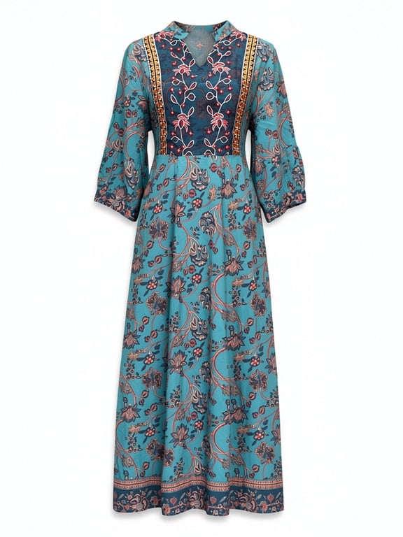Women's Boho Paisley Floral Print Maxi Dress Long Sleeve Split V Neck Teal Embroidered Swing Resort Dress