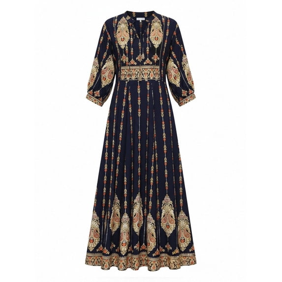 Women's Boho Paisley Print Maxi Dress Long Sleeve Notch V Neck Navy Blue Ethnic Border Swing Resort Dress