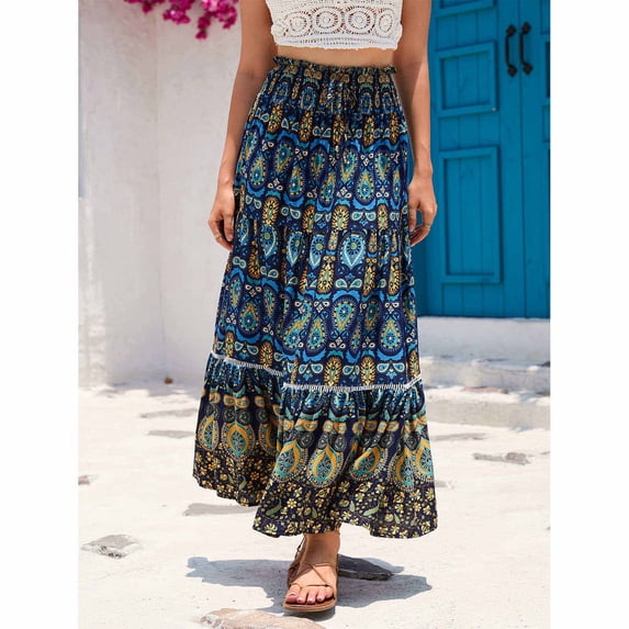 Women's Boho Paisley Print Maxi Skirt - High Waist Tiered Skirt with Crochet Lace Trim for Beach Vacation