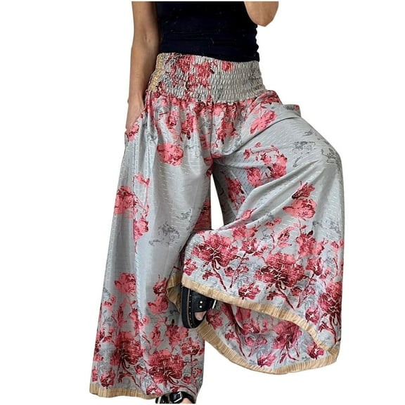 Women's Boho Palazzo Pants Baggy Wide Leg Smocked High Waist Floral Print Pants Holiday Casual Oversized Loose Bottoms, Gray, M