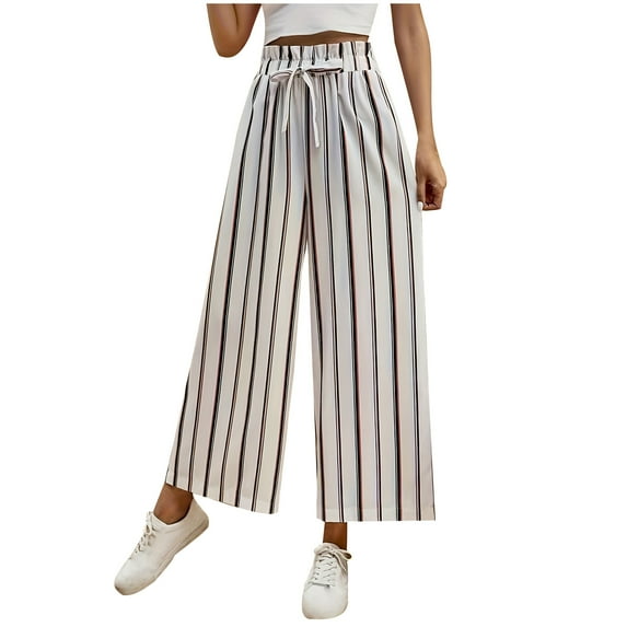 Women's Boho Palazzo Pants Wide Leg Striped Pants High Waisted Lounge Drawstring Pants Casual Holiday Trousers