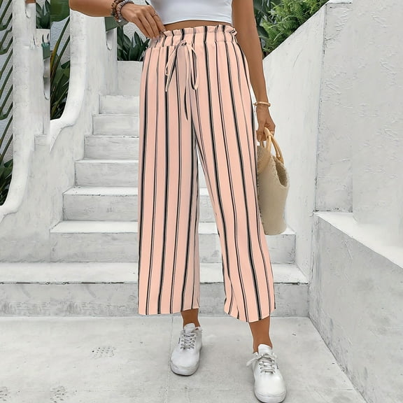Women's Boho Palazzo Pants Wide Leg Striped Pants High Waisted Lounge Drawstring Pants for Women Casual Holiday Trousers