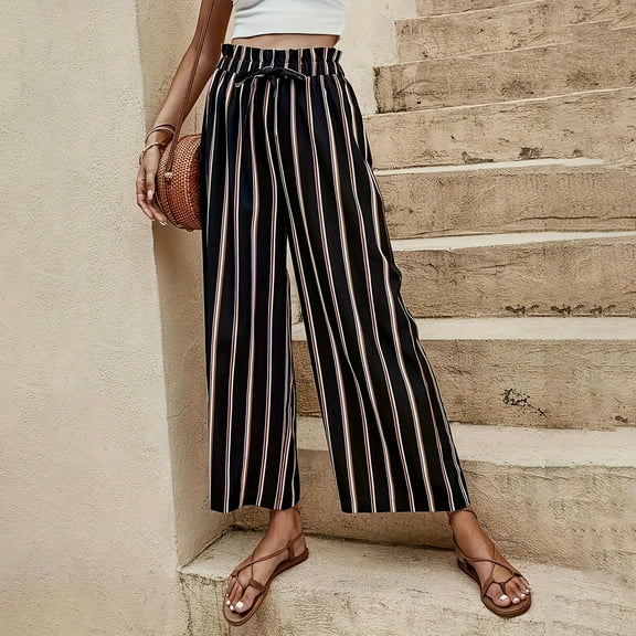 Women's Boho Palazzo Pants Wide Leg Striped Pants High Waisted Lounge Drawstring Pants for Women Casual Holiday Trousers