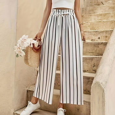 Women's Boho Palazzo Pants Wide Leg Striped Pants High Waisted Lounge Drawstring Pants for Women Casual Holiday Trousers