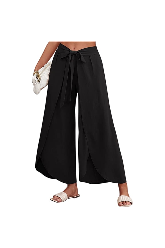 Women's Boho Palazzo Pants linen Casual Loose Wide Leg Lounge Pant Bohemian Hippie Harem Flowy Beach Trousers with Belt Black 3XL