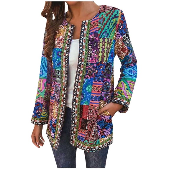 Women's Boho Patchwork Print Cardigan Open Front Long Sleeve Outerwear Lightweight Crewneck Duster Kimono Jacket Tops