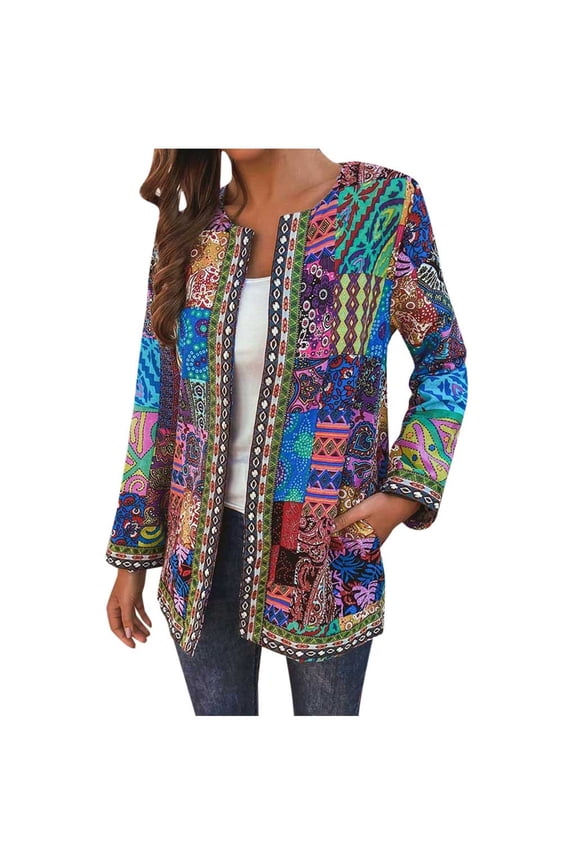 Women's Boho Patchwork Print Cardigan Open Front Long Sleeve Outerwear Lightweight Crewneck Duster Kimono Jacket Tops