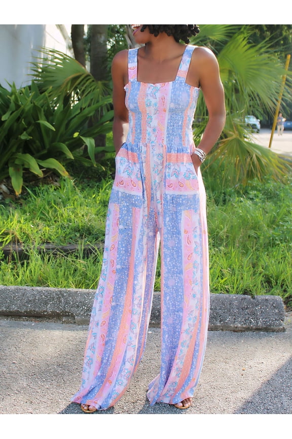 Women's Boho Patchwork Wide-Leg Jumpsuit with Smocked Bodice and Pockets