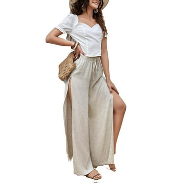 Women's Boho Plain Wide Leg Khaki Pants XS (2)