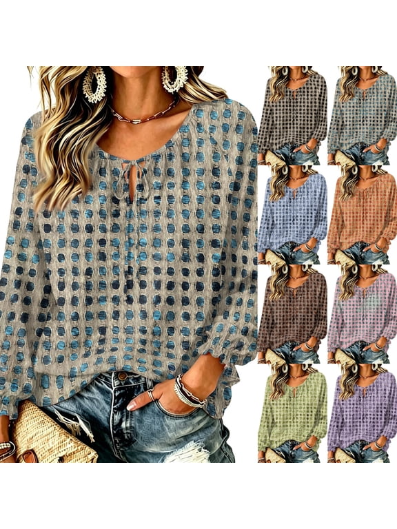 Women's Boho Polka Dot Blouse Lace Up V Neck Long Sleeve Peasant Top Floral Bohemian Tie-Edge Bow-Front Ruffled Shirt Dressy Vacation Ruffle Work Loose Fit Blouse Gray S