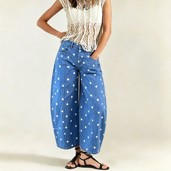 Women's Boho Polka Dots Wide Leg Barrel Jeans with Pockets, S