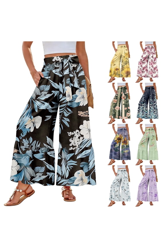 Women's Boho Print Casual Palazzo Pants High Waisted Ties Wide Leg Loose Beach Trousers with Pockets Light Green M