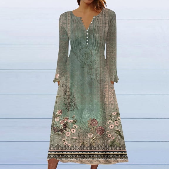 DailyTrove Women's Boho Print V-Neck Maxi Dress, Short Sleeve, Casual Beach & Cultural Event Wear, Lightweight Linen Blend, Fit & Flare, Contrast Hem