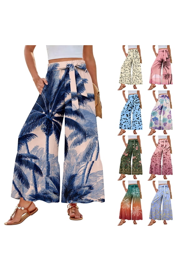 Women's Boho Print Wide Leg Palazzo Pants High Waisted Ties Ruffle Hem Casual Loose Trousers with Pockets Dark Blue M