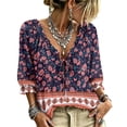 thumbnail image 1 of Women's Boho Printed Blouse,3/4 Sleeve Lace-Up V-Neck Peasant Top Summer,Ruffle Blouse, 1 of 7