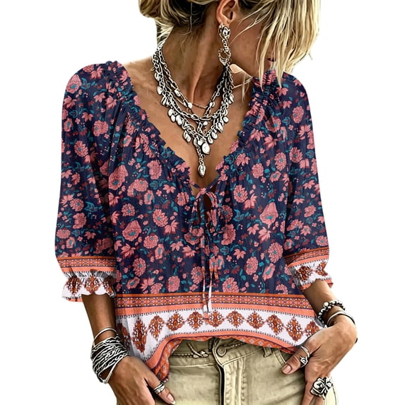 Women's Boho Printed Blouse,3/4 Sleeve Lace-Up V-Neck Peasant Top Summer,Ruffle Blouse