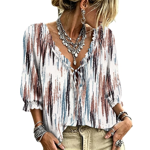 Women's Boho Printed Blouse,3/4 Sleeve Lace-Up V-Neck Peasant Top Summer,Ruffle Blouse