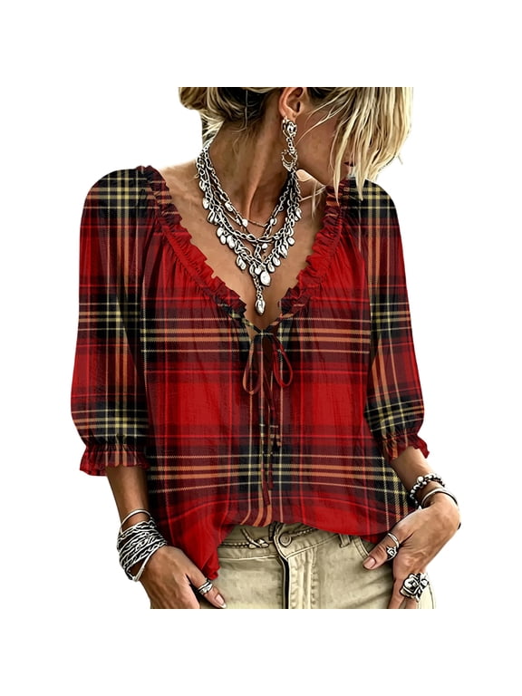 Women's Boho Printed Blouse, Ruffle V-Neck Tie Front 3/4 Puff Sleeve Peasant Top, Flowy Loose Fit Dressy Casual Summer Shirt for Work, Vacation, Beach,Travel and Everyday Wear