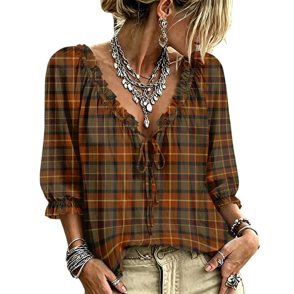 Women's Boho Printed Blouse, Ruffle V-Neck Tie Front 3/4 Puff Sleeve Peasant Top, Flowy Loose Fit Dressy Casual Summer Shirt for Work, Vacation, Beach,Travel and Everyday Wear
