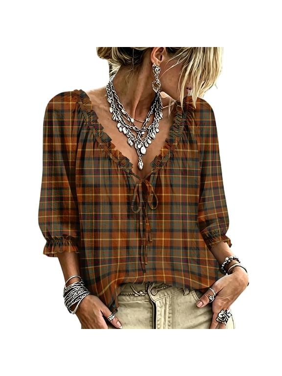 Women's Boho Printed Blouse, Ruffle V-Neck Tie Front 3/4 Puff Sleeve Peasant Top, Flowy Loose Fit Dressy Casual Summer Shirt for Work, Vacation, Beach,Travel and Everyday Wear