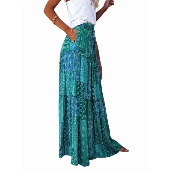 Women's Boho Printed High Waist Tiered Maxi Skirt Green S