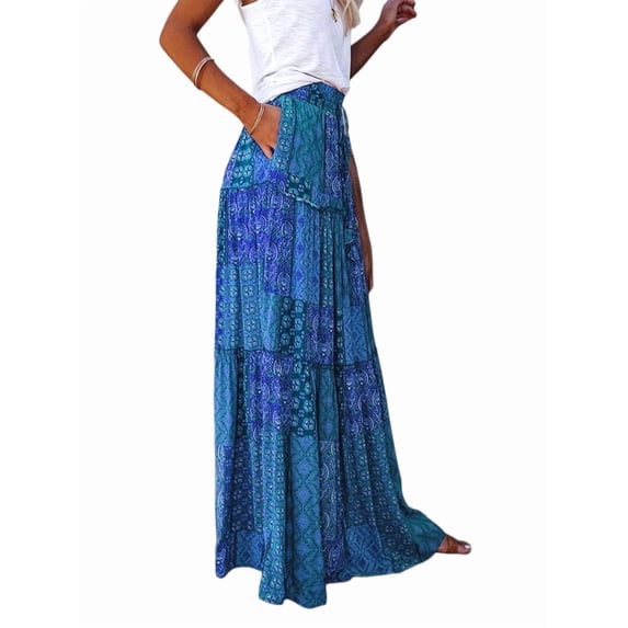 Women's Boho Printed High Waist Tiered Maxi Skirt S