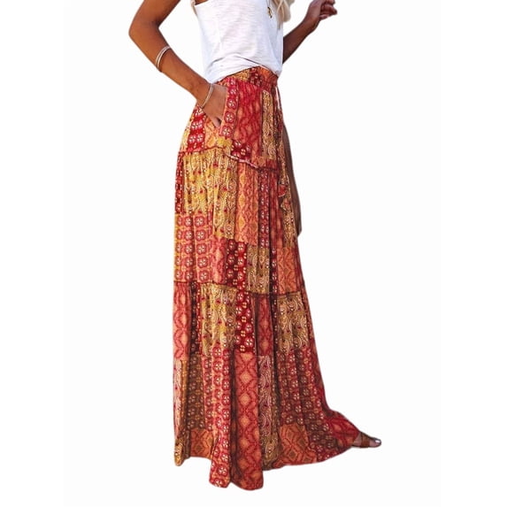 Women's Boho Printed High Waist Tiered Maxi Skirt Yellow L