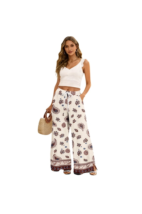 Women's Boho Printed Palazzo Pants Smocked High Waist Wide Leg Loose Beach Trousers with Pockets Light Brown 2XL