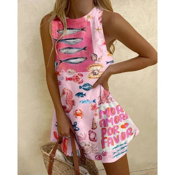 Women's Boho Printed Sleeveless Mini Dress Retro Animal & Fish Print Casual Summer Dress Streetwear for Vacation Plus Size