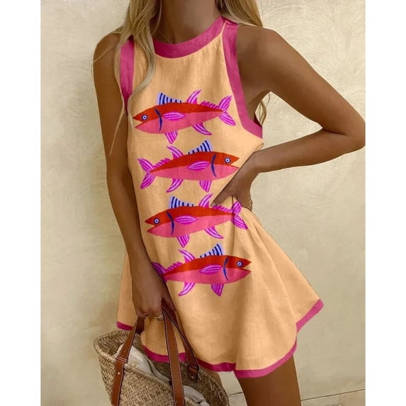 Women's Boho Printed Sleeveless Mini Dress Retro Animal & Fish Print Casual Summer Dress Streetwear for Vacation Plus Size
