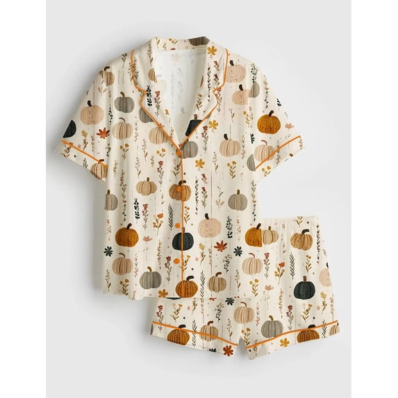 Women’s Boho Pumpkin Autumn Flowers Watercolor Fall Floral Short Sleeve Satin Pajama Set, Halloween Pumpkin Satin Pajama Set