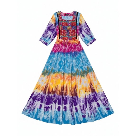 Women's Boho Rainbow Tie Dye Maxi Dress 3/4 Sleeve Square Neck Ethnic Patchwork Swing Resort Dress