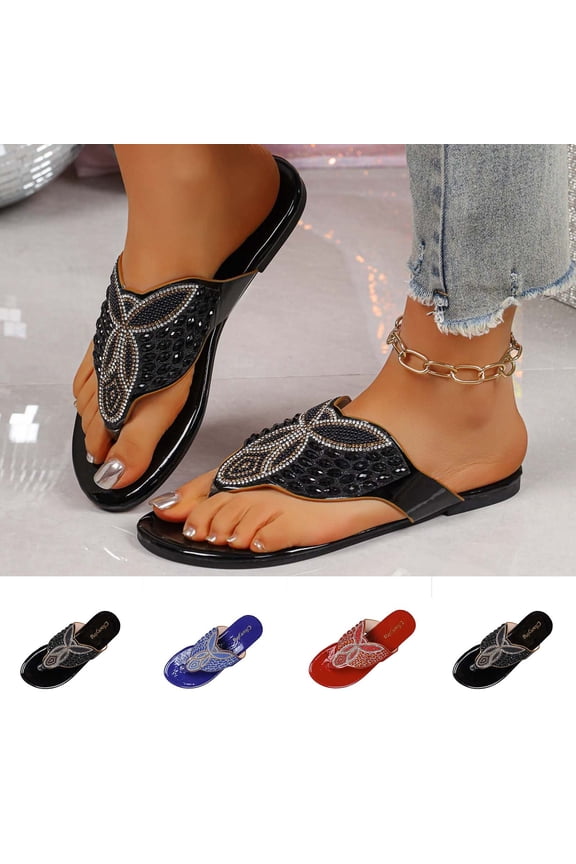Women's Boho Rhinestone Butterfly Thong Flat Sandals Wide Width Open Toe Summer Casual Slides Comfort Soft Sole Outdoor Beach Vacation Flip Flops Slippers
