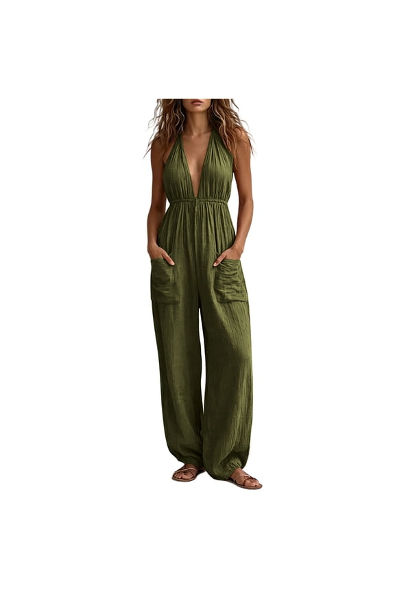 Women's Boho Rompers Sleeveless Deep V Neck Tunic Jumpsuit Casual Loose Trendy Beach Vacation Overalls With Pockets