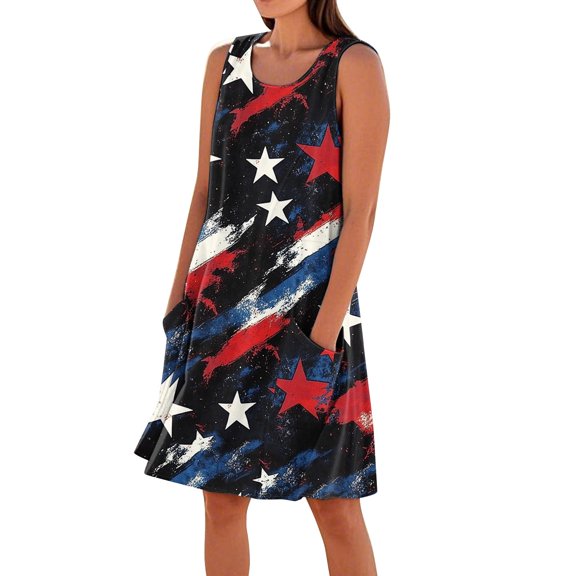 Women's Boho Round Neck Dress, Sleeveless Flowy Summer Sundress with Patriotic Theme, Ideal for Beach Weddings and Parties,Black S