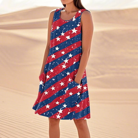 Women's Boho Round Neck Dress, Sleeveless Flowy Summer Sundress with Patriotic Theme, Ideal for Beach Weddings and Parties,Dark Blue S