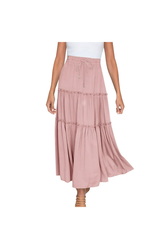 Women's Boho Ruffle Long Skirt Elastic High Waist Pleated Tiered Flowy A-Line Swing Beach Maxi Skirts with Drawstring