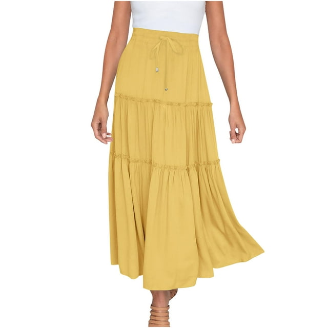 Women's Boho Ruffle Long Skirt Elastic High Waist Pleated Tiered Flowy ...