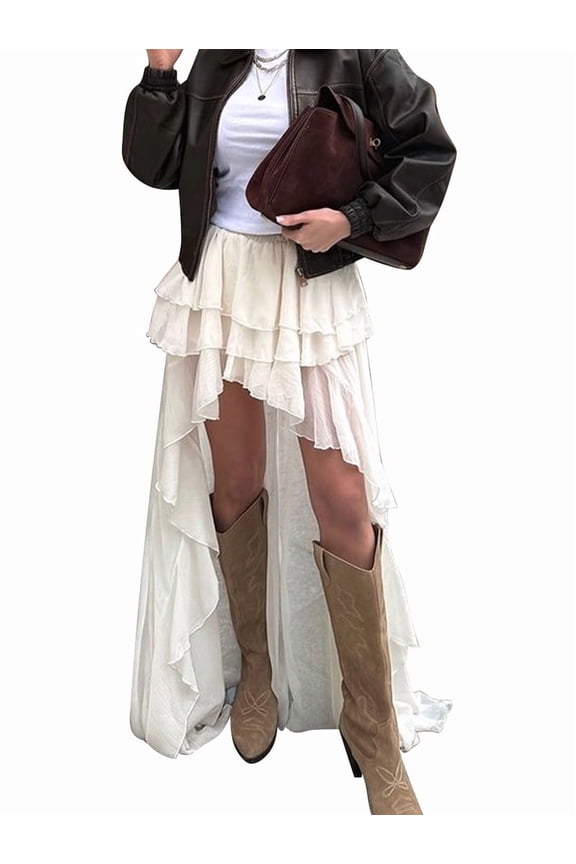 Women's Boho Ruffle Maxi Layered Elastic Asymmetrical Skirts Skirt for Daily Wear Color M