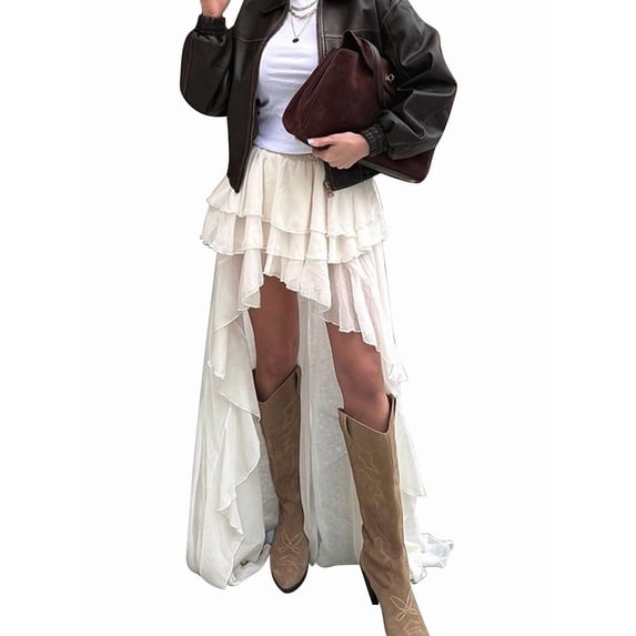 Women's Boho Ruffle Maxi Layered Elastic Asymmetrical Skirts Skirt for Daily Wear Color S