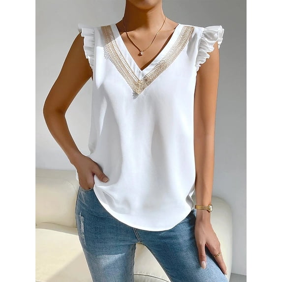 Women's Boho Ruffle Sleeveless Tank Top Crochet Lace V Neck Flowy Tunic Casual Summer Blouse