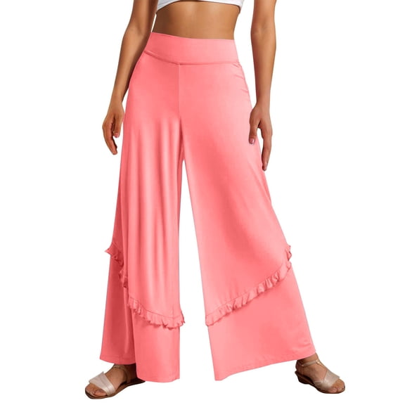 Women's Boho Ruffles Wide Leg Palazzo Pants High Waist Yoga Pants Flowy Elastic Waist Trousers Trendy Flare Pants