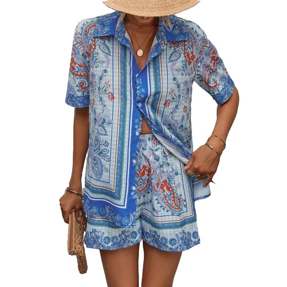Women's Boho Scarf Print Collar Blue Short Sleeve Two-piece Outfits XS